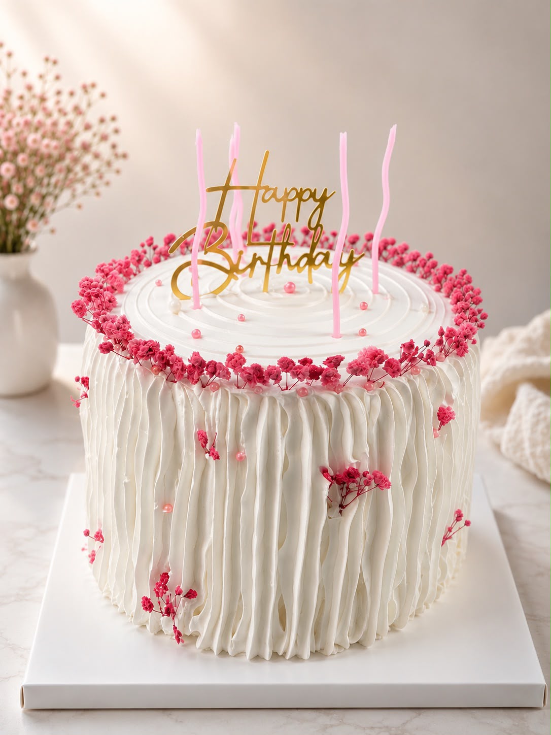 Pink Birthday Cake with Flowers