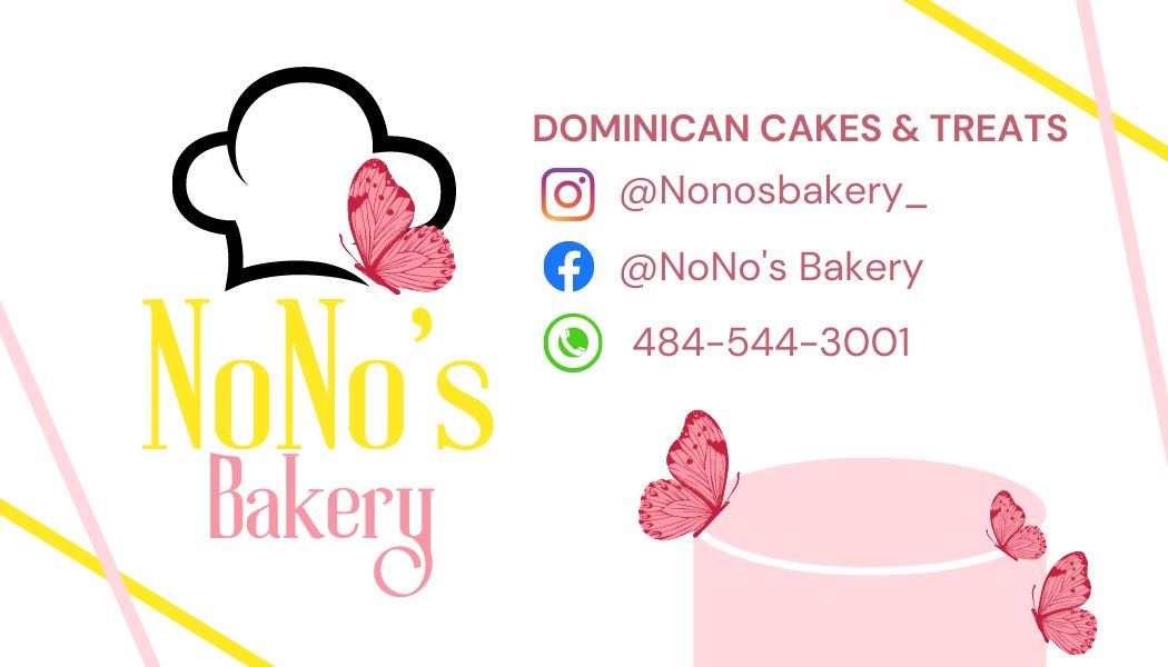 NoNo's Bakery contact card with Instagram, Facebook, and phone number