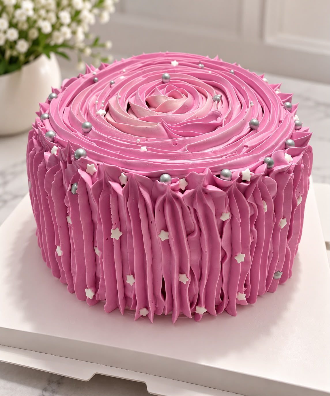 Pink buttercream ruffle cake with rosette top and silver pearls