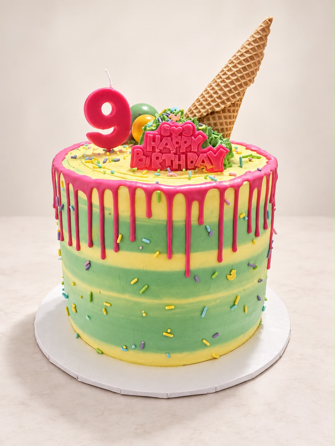 Colorful Drip Birthday Cake with Ice Cream Cone